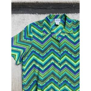 Vintage BonWorth Camp Collar Green Blue Disco Psychedelic Button Up Shirt Size M
